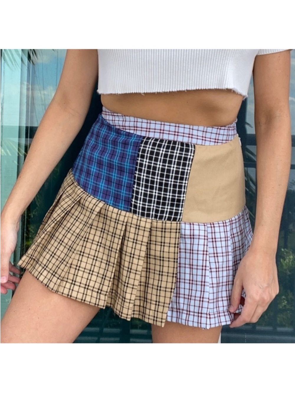 Plaid Patchwork Pleated Mini School Skirt
